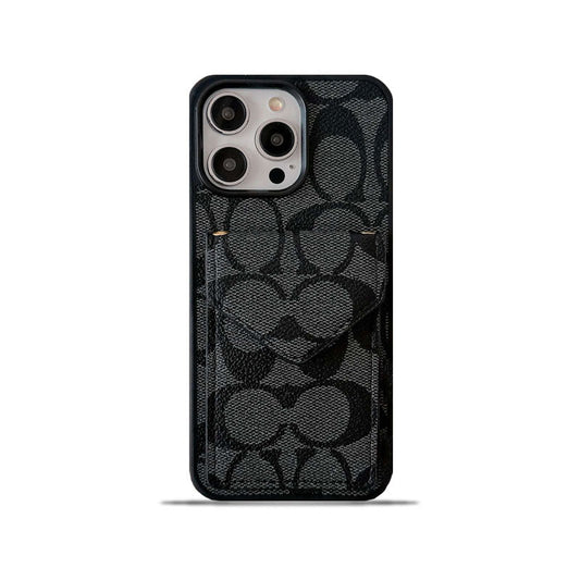 クラシック iPhone ケース カード ホルダーとストラップ付き ライト ブラック -SJ240513
