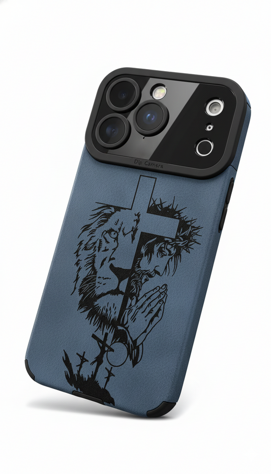 Faith & Strength Engraved iPhone Case – Lion & Prayer Cross Design